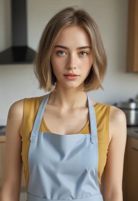 a close-up portrait of a girl with a classic bob haircut, wearing an apron, with amazing body and pronounced feminine features, including big breasts, in a kitchen setting, with ash blonde or ginger freckles hair, glancing at the camera, (best quality,4k,8...