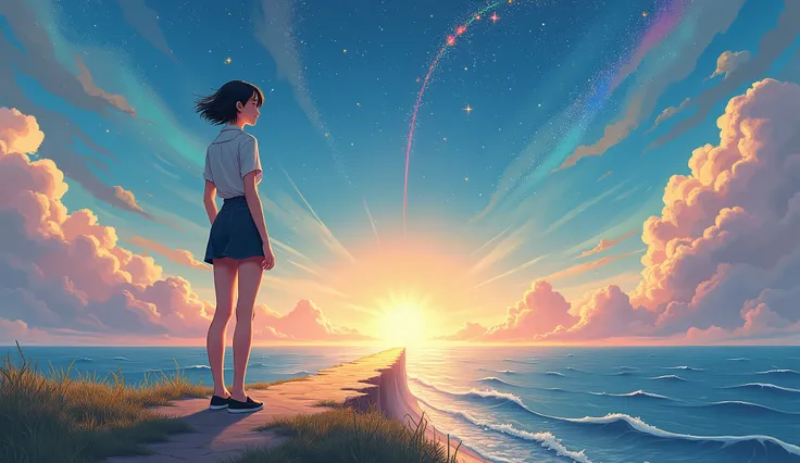 Create a high-resolution digital illustration that embodies the theme of freedom and ambition described in the song lyrics. The scene should feature a young girl with short hair, wearing a stylish mini skirt, standing confidently at the edge of a vast land...