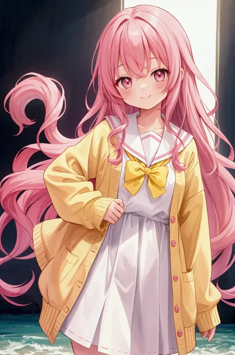  girl、Grown-up、 smiles、Pink Hair Color、 long hair、Wavy Hair、 side tail、 sailor suit、yellow cardigan