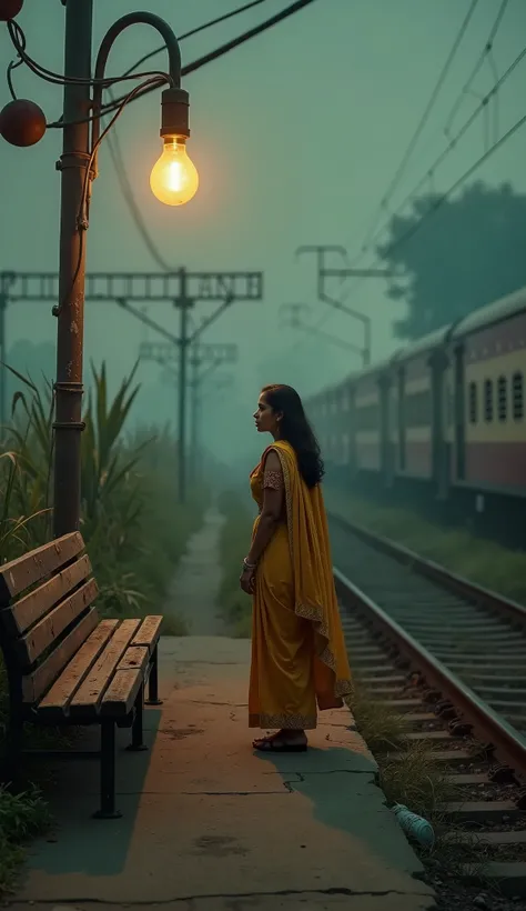 An empty Indian railway station, lit by the dim glow of an old incandescent bulb above a cracked, faded bench. The station is surrounded by tall, swaying grasses and thick fog creeping along the tracks. The air is heavy with nostalgia. A woman in a retro m...