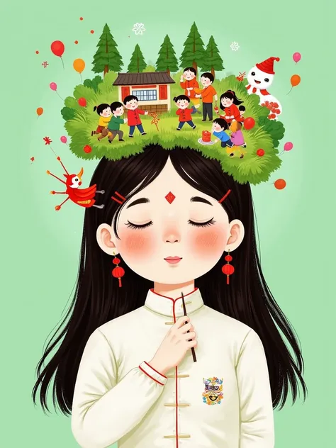 A Chinese girl with long hair, wearing white and closed eyes in the center of an illustration in the style of Hsiao Ron Cheng. In her head is green trees, houses and people playing happily. A bird flies across her face. The background color should be a lig...