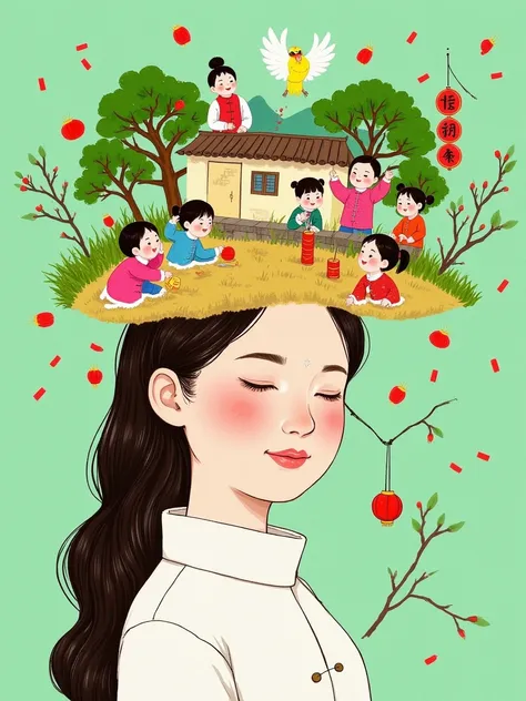 A Chinese girl with long hair, wearing white and closed eyes in the center of an illustration in the style of Hsiao Ron Cheng. In her head is green trees, houses and people playing happily. A bird flies across her face. The background color should be a lig...