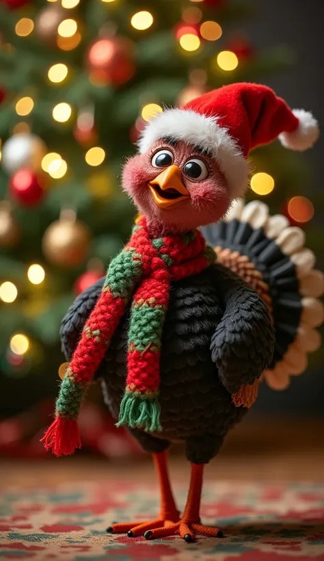 "A funny turkey wearing a Santa Claus hat, with a red and green scarf ,  dancing around a Christmas tree filled with flashing lights and funny ornaments. on your cheek,  a feathering mark where he nearly knocked down the tree ."