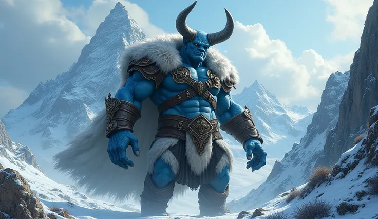 Blue skinned giant (horns,fur-lined cloak,leather armor,and sharp claws)confused expression in a mountain 