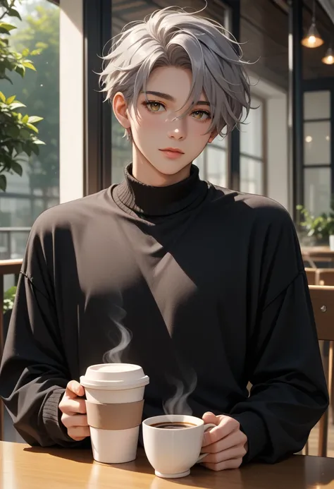 score_9, score_8_up, score_7_up, beautiful, perfect eyes, minimalist aesthetic boy with short ash-gray hair and a clean black sweater, holding a disposable coffee cup, waist-up, anime-style, soft moody lighting with blurred café tones