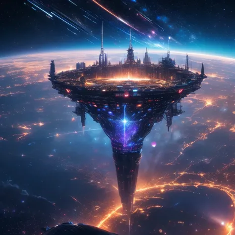 A colossal, futuristic space station floats in the vastness of space, surrounded by a sea of stars and distant galaxies. The station is a marvel of advanced engineering, with massive rotating segments designed to simulate artificial gravity, glowing with n...