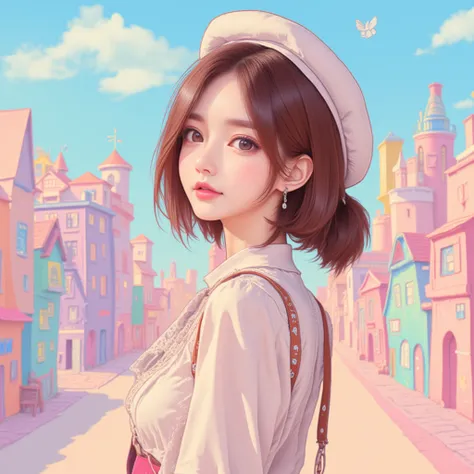 A whimsical illustration of an East-Asian woman in the foreground, shown in a half-body view, wearing a pop and cute fashion style, including a beret. The background features a vibrant, pastel-colored cityscape with charming, colorful buildings in an artis...