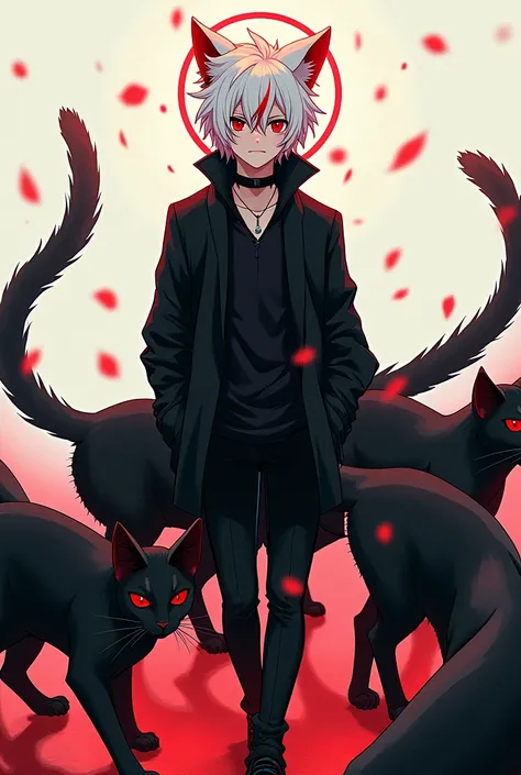 Young man, cat ears, cat tail, white hair, red strands, black coat, collar, black cats walking around, halo, manga style