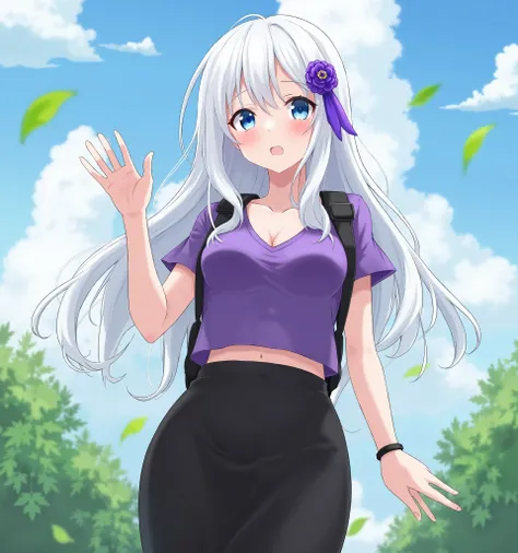 Anime concept art, dark fantasy, ((((masterpiece, best quality:1.8, high detail)))), ((1girl)), ((beautiful)) girl waving, bright blue eyes, nervous smile, solo focus, (((small breasts))), long wavy hair, ((white hair)), purple flower hairpin, ((purple t-s...