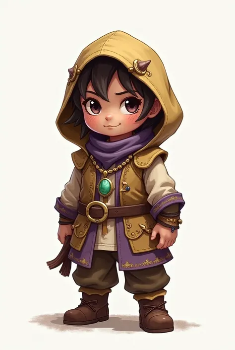 fantasy  outfit for a young traveler/traverling merchant sort of  character, it needs to have a hood and have earthy tones plus some toned purple and yellow accents, embrodiery and a jade pedant on the waist, also many Interesting accesories that fit he ch...