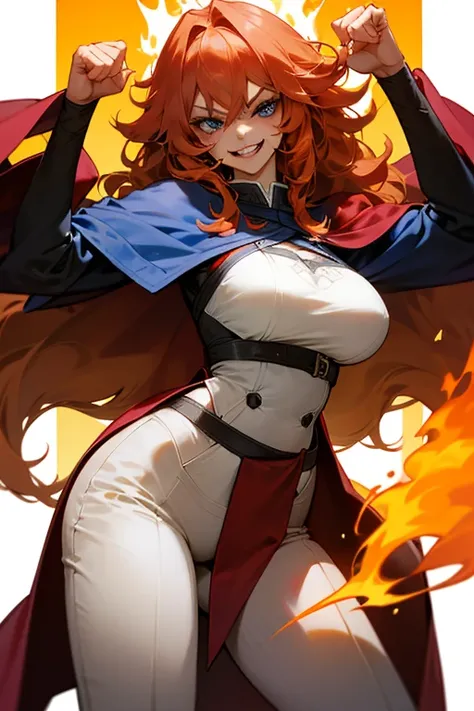 Mereoleona　  orange hair、Hanging eyes、bangs、 winks、long hair,  Idiot hair at the top of the head 、Big Breasts ,  blue eyes, Thighs、look,  get angry　、White underwear, trousers, Red Cape、Anatomically Correct  ,   Punch on you、Her hands are fire  、Line of sig...