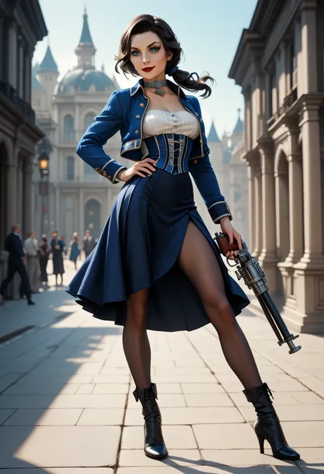 1woman, solo; Elizabeth Comstock from "Bioshock Infinite"; long loose hair gathered in a low ponytail, dark hair, pale skin, blue eyes, red lips, light smile, ultra-detailed face, detailed eyes; ribbed white corset with open top, (fitted blue bolero jacket...