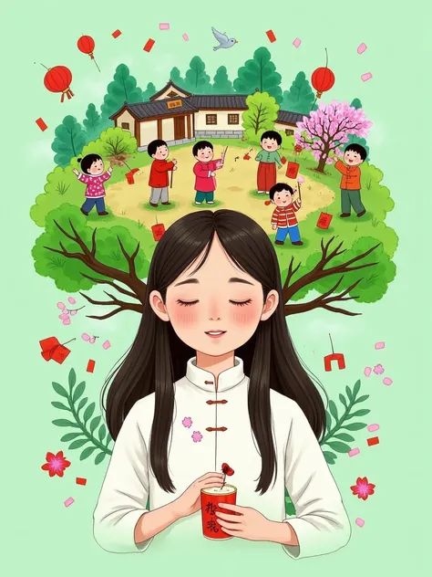 A Chinese girl with long hair, wearing white and closed eyes in the center of an illustration in the style of Hsiao Ron Cheng. In her head is green trees, houses and people playing happily. A bird flies across her face. The background color should be a lig...