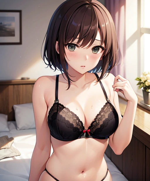   1 girl ,  ADULT WOMEN ,First Love 1  /1,  Tokisaki Shinya  , brown hair ,  short hair ,  straight hair, split bangs  , green eyes,clavicle, chest,Crest, black bra, black panties ,background simple womans room, sleep, shy, opens your eyes , close your mou...