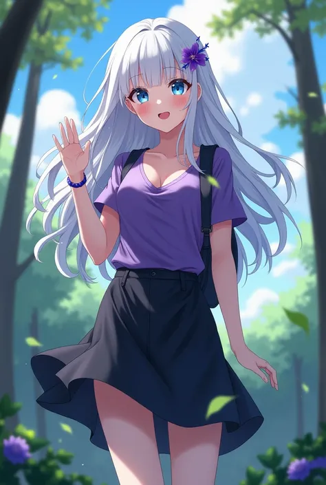 Anime concept art, dark fantasy, ((((masterpiece, best quality:1.8, high detail)))), ((1girl)), ((beautiful)) girl waving, bright blue eyes, nervous smile, solo focus, (((small breasts))), long wavy hair, ((white hair)), purple flower hairpin, ((purple t-s...