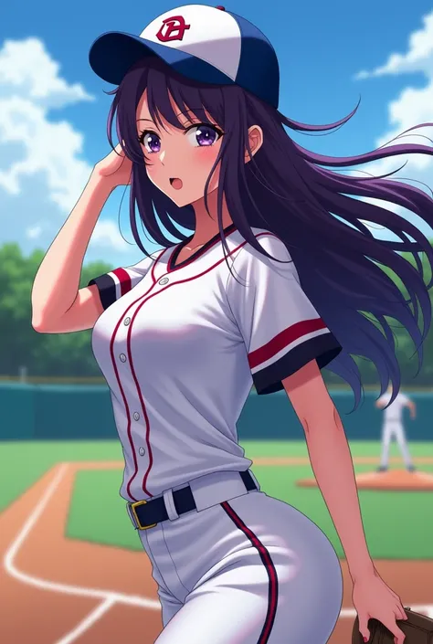 Japanese animation style、High school girl、Baseball uniform 、 Baseball Cap 、Dark Purple Long Hair、 purple pupils、 huge breasts