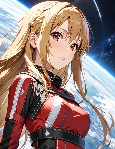  Space Station :1.5, ( Yukiko Aikina_ Sword Art Online),  Cowboy Shot , Blonde,  long hair on background,  red eyes, masterpiece, highest quality, UHD, retina, masterpiece, accurate anatomy, textured skin, super detailed, high quality, best quality,  highr...