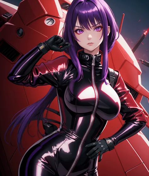 1girl, beautiful anime girl, red and black leather catsuit, dark green shoulderpads, highly skilled ace pilot, shoulder-length purple hair, purple eyes, dramatic colors, cinematic lighting, masterpiece, hyper detailed, 8k, sharp focus, physically-based ren...