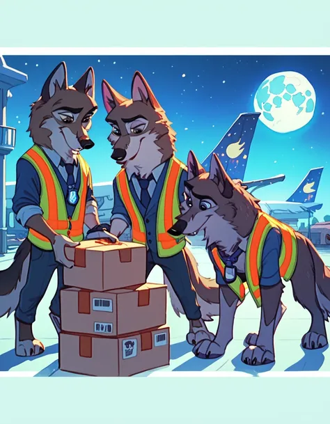 score_9, score_8_up, score_7_up, score_6_up, four adult very long haired anthro furry German shepherds wearing  safety vests sniffling boxes in the airport cargo hall, Disney art style, Zootopia style, balto character style, Night time, full moon, long bod...