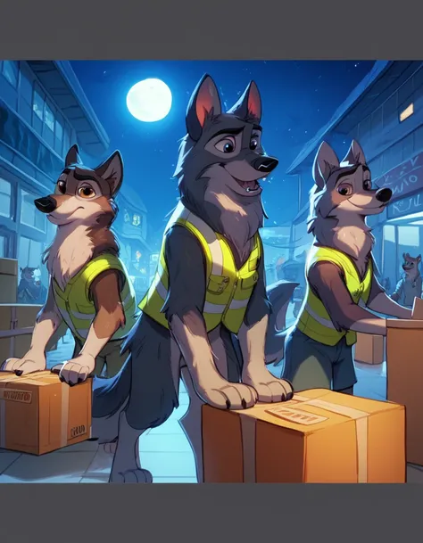 score_9, score_8_up, score_7_up, score_6_up, four adult very long haired anthro furry German shepherds wearing  safety vests sniffling boxes in the airport cargo hall, Disney art style, Zootopia style, balto character style, Night time, full moon, long bod...