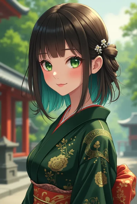 , the painting style is full、woman、Age: 20、Im not young、 my hair is shoulder length、Her hair is short、The color of the hair is dark brown 、Hair highlights are green 、 My bangs are long enough to fit my eyes 、 My hair is spreading softly 、Droopy eyes、Eye co...