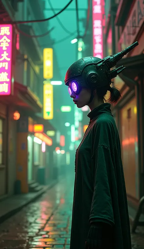  depicting a futuristic cityscape at night 、 the rose surface shows signs of wear 。,   vertical metal beams extend upward 。Green , green, yellow,  pink,  orange , And red . 中央の人物teeth、This is a person standing sideways on the right side of the image ,  wit...