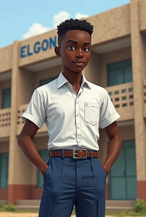  A black person who looks like a student wearing a uniform of a white shirt and a blue trouser Infront of a dormitory which looks African and the dormitory name is ELGON written in capital holding a belt