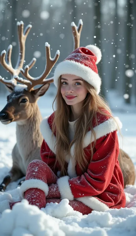 Beautiful young woman, white skin, smiling face, long hair wearing red Santa hat, wearing a frost-proof Santa suit, sitting with deerเรเดีย in snowfall atmosphere. 