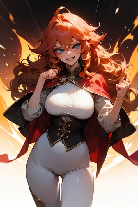 Mereoleona　  orange hair、Hanging eyes、bangs、 winks、long hair,  Idiot hair at the top of the head 、Big Breasts ,  blue eyes, Thighs、look,  get angry　、White underwear, stirrup pants, Red Cape、Anatomically Correct  、Her hands are fire  、Line of sight、 grin 、s...