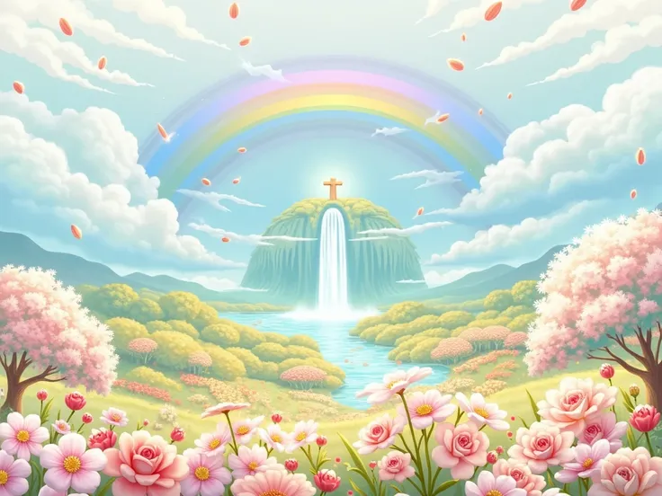 Fantastic - Painting Style Waterfall Soft  painting style Brightly colored Bright light a wonderful heavenly garden, rainbow reflected on a splendid river valley of eden sea a wonderful valley,Asahi, river, Rose,Clear water, Beautiful atmosphere, dream , I...