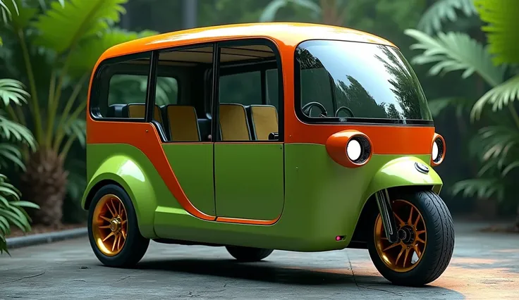 "A futuristic, 2025 Bajaj auto richkshaw with a luxury enclosed cabin, vibrant green and orange color scheme, golden rims, and advanced headlights. The vehicle combines sporty aesthetics with eco-friendly design, set against a lush tropical background."

K...