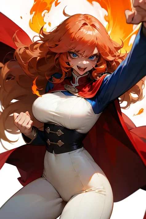 Mereoleona　  orange hair、Hanging eyes、bangs、 winks、long hair,  Idiot hair at the top of the head 、Big Breasts ,  blue eyes, Thighs、look,  get angry　、White underwear, stirrup pants, Red Cape、マント、Anatomically Correct  、Her hands are fire  、Line of sight、 gri...