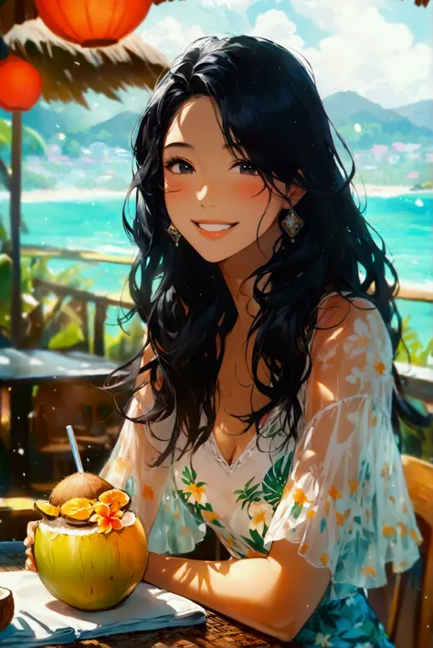 Illustrate a medium wide shot of a cheerful Asian woman in her twenties. In a restaurant by the seaside, she is sitting at the table and drinking coconut water from a coconut placed on the table top. Her fair complexity smoothly glows, accentuating her dia...