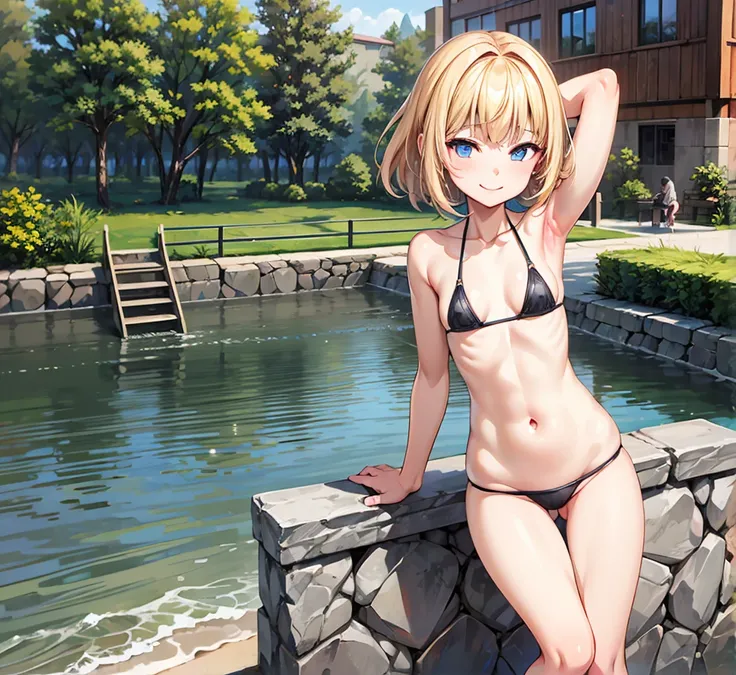 （ cute girl :1.3）、 smile,Summer atmosphere、 metallic pink bikini、 golden hair 、　(3)， blue sky，small breasts， flat chested，(( for light, thin hair color)), ( very detailed), (High-definition CG synthesis 8K wallpaper), 高いly detailed,   high-resolution RAW c...