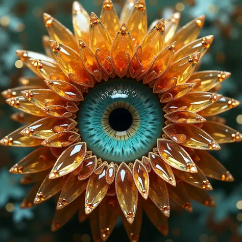 "A hyper-realistic intricate pattern of eyes resembling a blooming flower made of gold and teal crystals. The scene has a surreal, magical quality, with shimmering textures and a vibrant color palette of gold, orange, teal, and the human eyeball ‘‘‘should ...