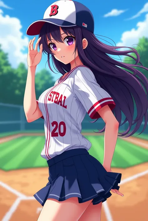 Japanese animation style、High school girl、Baseball uniform 、 Baseball Cap 、Dark Purple Long Hair、 purple pupils、 huge breasts