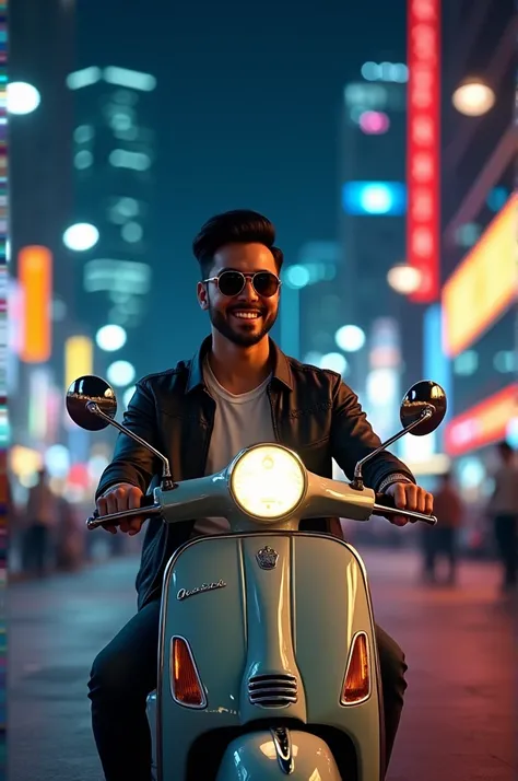 a handsome man little smile, wearing sunglasses and, very perfect, amazing, sitting on a Vespa  , in the middle of the night, beautiful and amazing, in jakarta city, very beautiful, realistic, proportional.