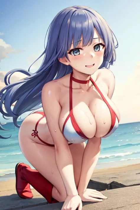 masterpiece, best quality, beautiful art, high resolution, well formed hands, body and fingers, 1 woman, solo, Miku Izayoi, blue hair, wearing a Tyris Flare bikini clad,  long hair , full body picture,  grown up, adult, large and big breasted, cleavage, ha...