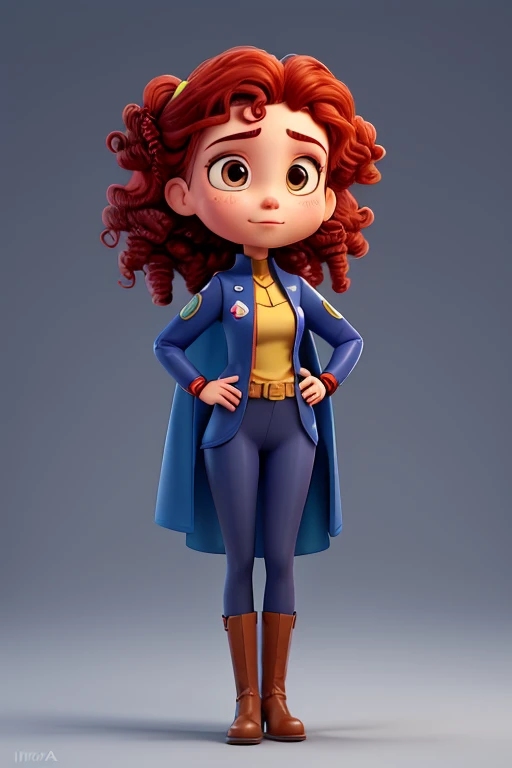 A tall, full-body 2D animated depiction of Giulia Marcovaldo. She has her signature vibrant red curly hair styled neatly to avoid covering a glowing yellow visor that only covers her eyes (not her forehead or mouth). She wears a sleek navy-blue superhero s...