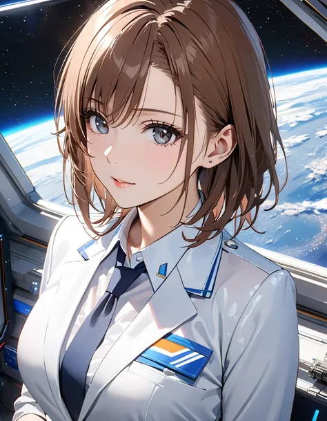  office lady with straight black hair, (Space Station:1.5), masterpiece:1.5, masterpiece, highest quality, ( Misaka Mikoto), UHD, retina, masterpiece, accurate anatomy, textured skin, super detailed, high quality, best quality,  highres icon, 8k