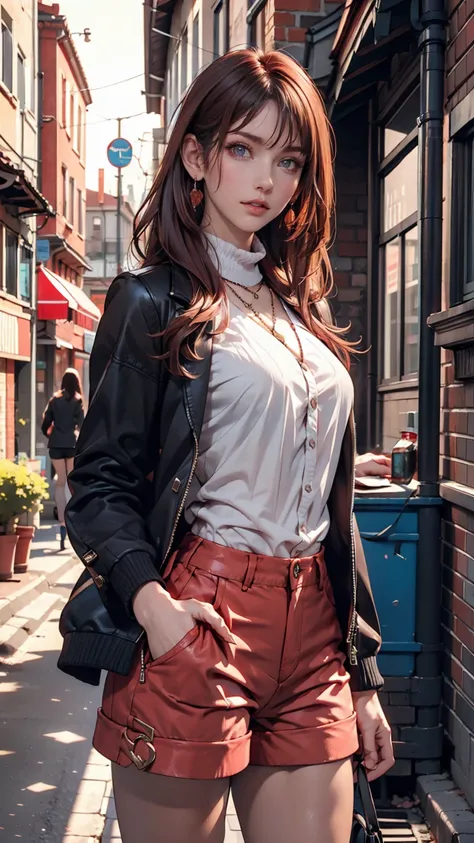 (masterpiece,  best quality ,  1 girl, Alone,  complex details,  Color Difference),  realistic , ((Mid-breath)), long hair, Red Hair, Red decoration on head,  pink highlights,  Amber Eyes ,  earrings, Sharp Eye,  Necklaces , Fluorescent shirt,  tattered sh...