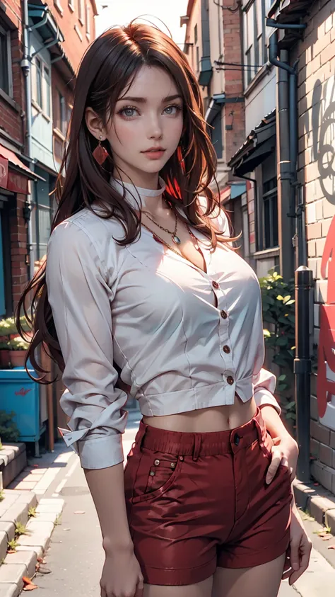 (masterpiece,  best quality ,  1 girl, Alone,  complex details,  Color Difference),  realistic , ((Mid-breath)), long hair, Red Hair, Red decoration on head,  pink highlights,  Amber Eyes ,  earrings, Sharp Eye,  Necklaces , Fluorescent shirt,  tattered sh...