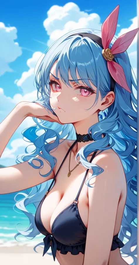 romancing saga 2, long hair, pink eyes, blue hair, wavy hair, hair ornament, black hairband,
choker, necklace,bikini
BREAK
25 year old woman、medium breasts,sexy Lip、Translucent skin， the skin is fair 、Moist eyes、Gentle eyes、Gentle look,looking at viewer , ...