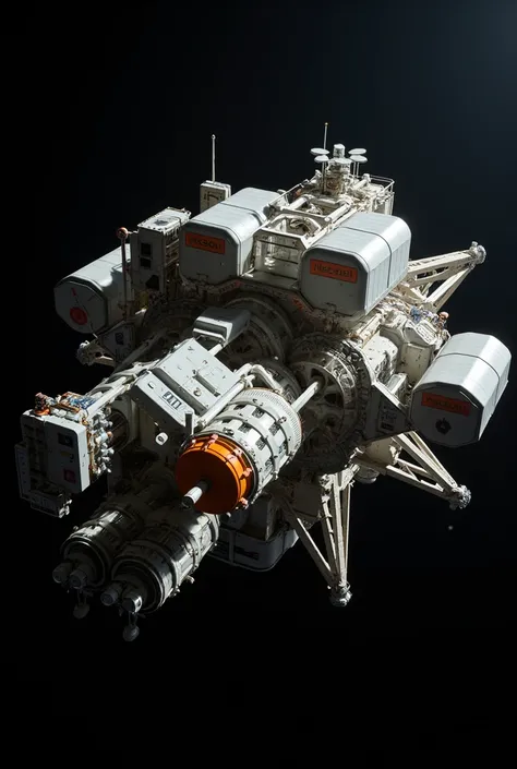 Photograph of a spacecraft space station floating in black space. Lots of containers stuck togetherWhite with orange logos. Highly detailed. Harsh white light. (((2001 discovery))) truss girder. Radar dish. Spines and rods at diagonal angles. 