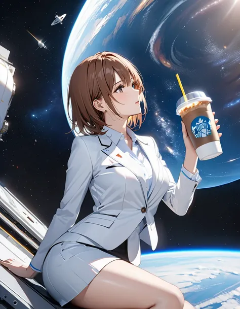  office lady with straight black hair, (Space Station:1.5), no gravity,  DRINK COFFEE , masterpiece:1.5, masterpiece, highest quality, ( Misaka Mikoto), UHD, retina, masterpiece, accurate anatomy, textured skin, super detailed, high quality, best quality, ...