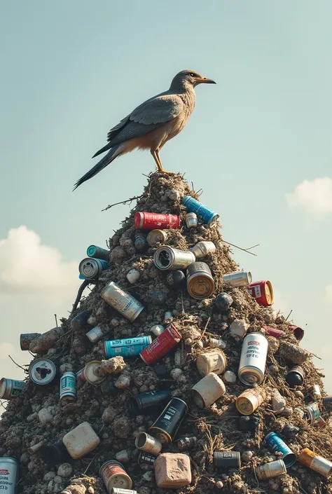 A bird is standing on a pile of garbage,  official artwork,  promotional art , nihilism, album,A nostalgic and melancholic piece, photorealistic