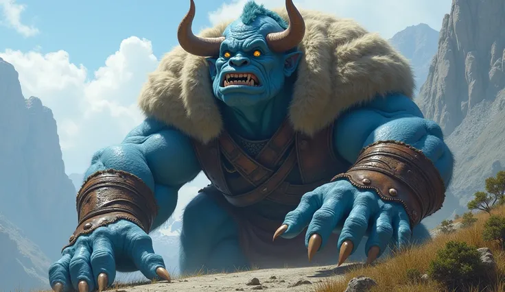 Blue skinned giant( horns,fur-lined cloak,leather armor,and sharp claws)was not very intelligent. Sitting on top of the mountains(eyes & mouth  opened puzzled ,amazed facial expression )