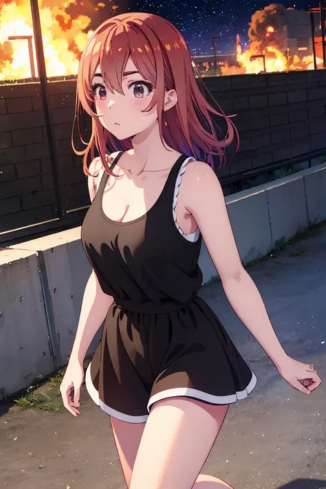 masterpiece, Highest quality anime illustrations, Super detailed,ultra high resolution、perfect lighting single girls, alone, medium hair, anime , view at viewer,  cleavage、 black tank top、 sexy black shorts、at night、 fence、Explosions and flames、Building on...