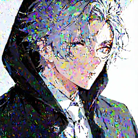 alone, Elegant, 1 male head with small , Short hair, hair and gray hair, Half and a half, Blue Eyes, detailed, white shirt, White tie, Black hood