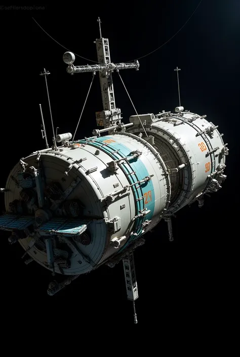 Photograph of a spacecraft space station floating in black space. Lots of containers stuck togetherWhite and grey light blue with orange logos. Highly detailed. Harsh white light. (((2001 discovery))) truss girder. Radar dish. Thin  Spines and rods at diag...